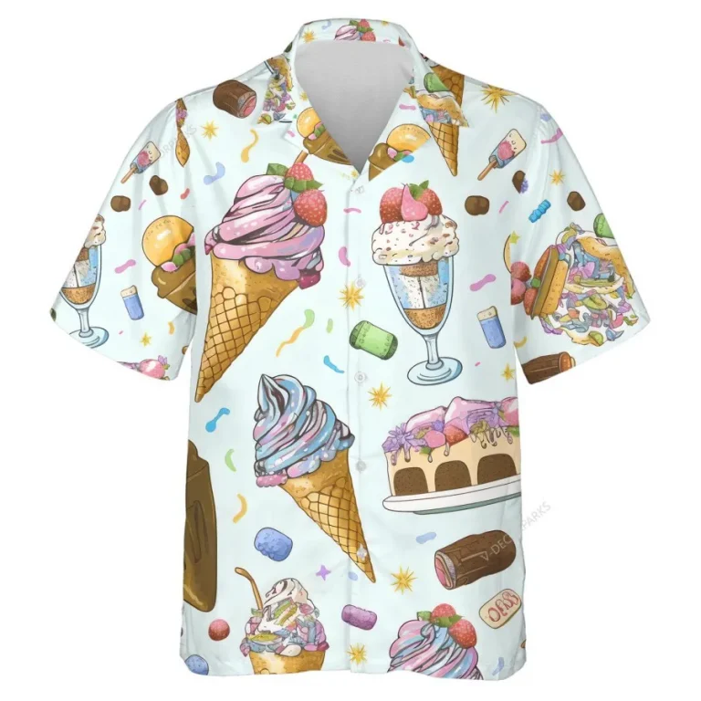 Sweet Ice Cream Unisex Hawaiian Shirts, Food Printed Men's Aloha Shirt, Ice Cream Corn, Confetti Pattern Clothing, Summer Beach Shirt