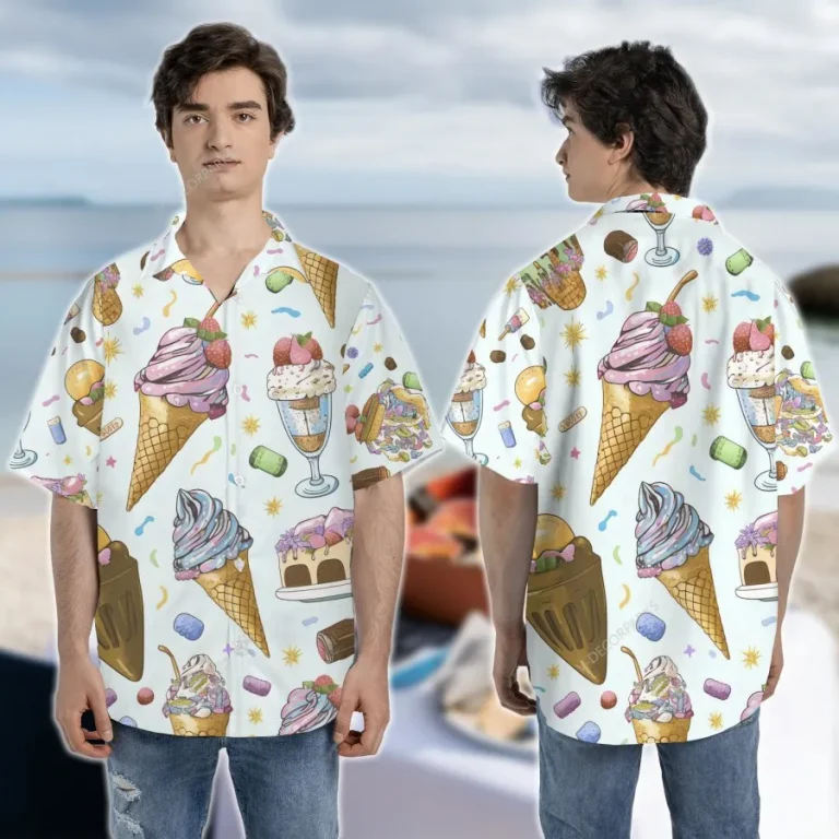 Sweet Ice Cream Unisex Hawaiian Shirts, Food Printed Men's Aloha Shirt, Ice Cream Corn, Confetti Pattern Clothing, Summer Beach Shirt