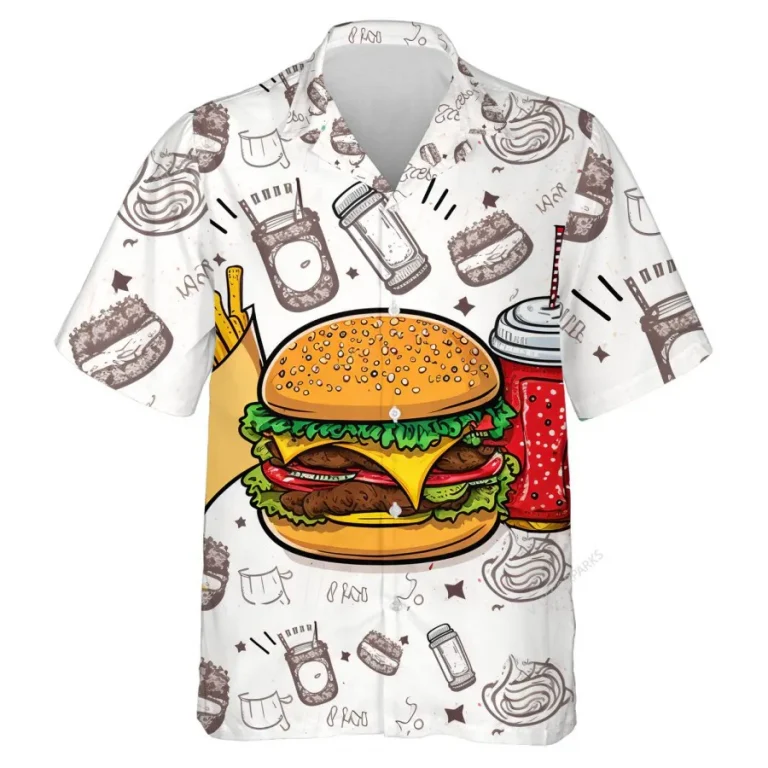 Traditional Fast Food Unisex Hawaiian Shirt, Hamburger 3d Printed Aloha Button Down Shirt, Funny Food Icon Summer Beach Shirt, Casual Wear