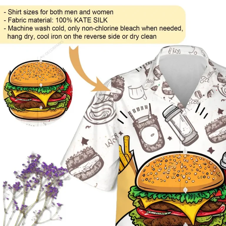 Traditional Fast Food Unisex Hawaiian Shirt, Hamburger 3d Printed Aloha Button Down Shirt, Funny Food Icon Summer Beach Shirt, Casual Wear