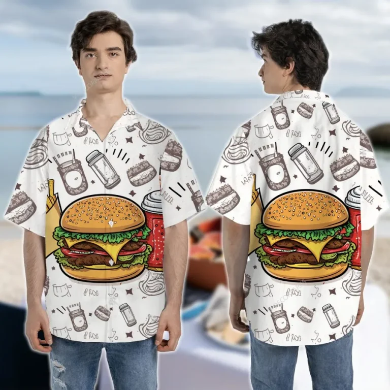 Traditional Fast Food Unisex Hawaiian Shirt, Hamburger 3d Printed Aloha Button Down Shirt, Funny Food Icon Summer Beach Shirt, Casual Wear