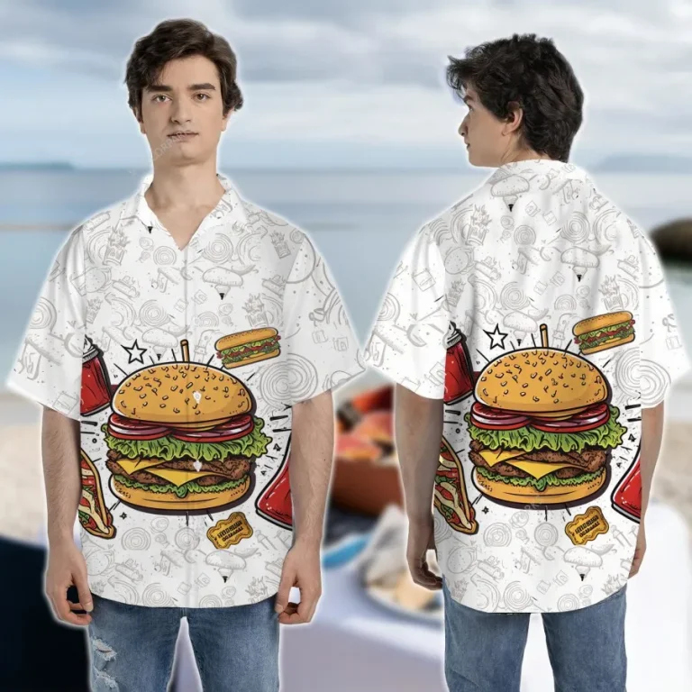 Fast Food Unisex Aloha Shirt, Cheeseburger 3d Printed Aloha Button Down Shirt, Funny Summer Beach Shirt, Casual Wear, Festive Clothing