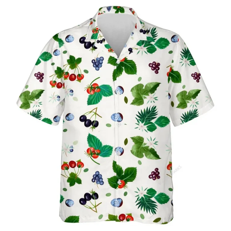 Blueberries Unisex Hawaiian Shirt, Funny Aloha Shirt, Mint Leaves Patterned Button Down Short Sleeve, Summer Beach Shirt, Tropical Casual Aloha Shirt