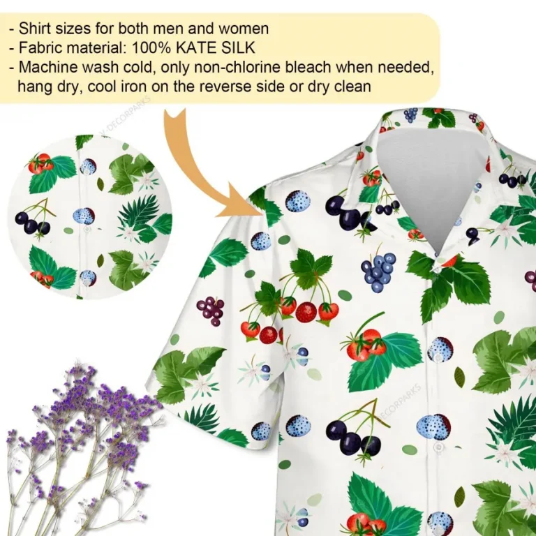 Blueberries Unisex Hawaiian Shirt, Funny Aloha Shirt, Mint Leaves Patterned Button Down Short Sleeve, Summer Beach Shirt, Tropical Casual Aloha Shirt