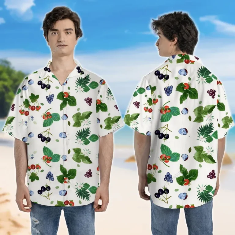 Blueberries Unisex Hawaiian Shirt, Funny Aloha Shirt, Mint Leaves Patterned Button Down Short Sleeve, Summer Beach Shirt, Tropical Casual Aloha Shirt