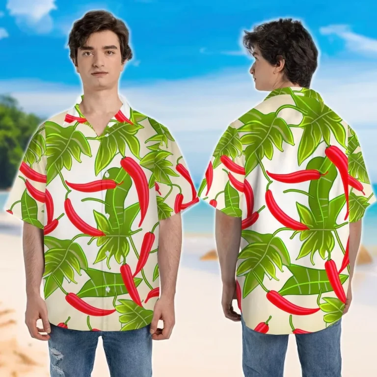 V-decorparks Chili Hawaiian Shirt For Men, Tropical Leaves Pattern Casual Button Down Unisex Luau Shirt, Hawaiian Shirt Short Sleeve For Men Women