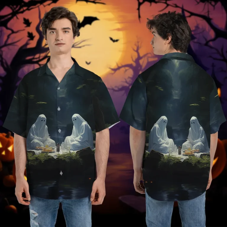 Ghosts Having Picnic Hawaiian Shirt Short Sleeve For Men Women, Ghost Button Down Shirt, Halloween Shirt, Halloween Hawaiian Shirt