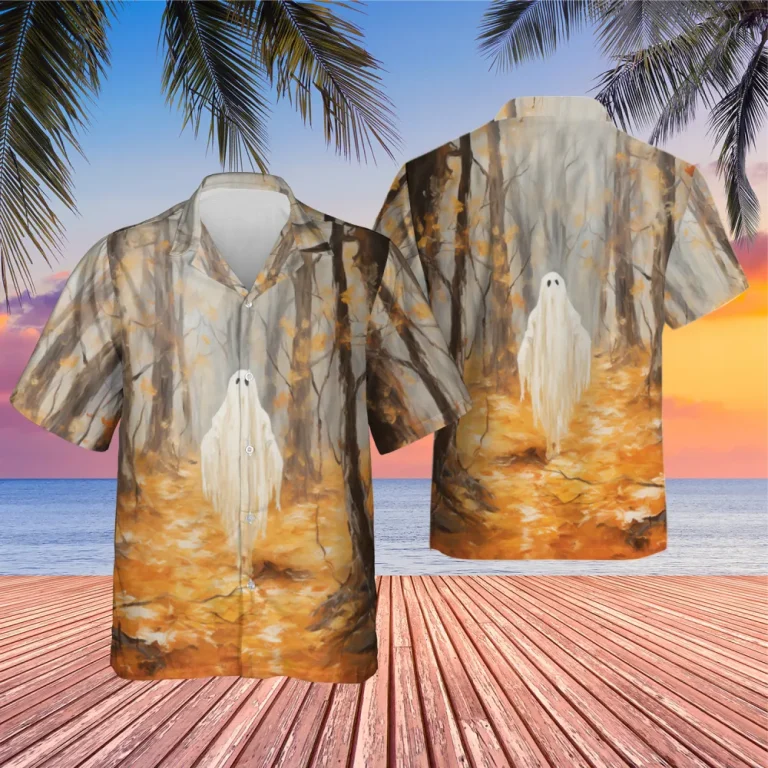 Ghost In The Autumn Forest Hawaiian Shirt For Men Women, Ghost Shirt, Halloween Shirt, Short Sleeve Button Down Hawaiian Shirt