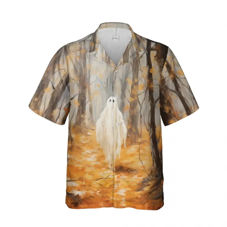 Ghost In The Autumn Forest Hawaiian Shirt For Men Women, Ghost Shirt, Halloween Shirt, Short Sleeve Button Down Hawaiian Shirt