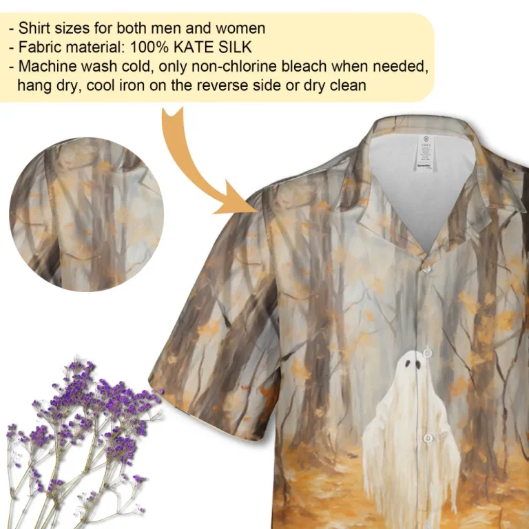 Ghost In The Autumn Forest Hawaiian Shirt For Men Women, Ghost Shirt, Halloween Shirt, Short Sleeve Button Down Hawaiian Shirt