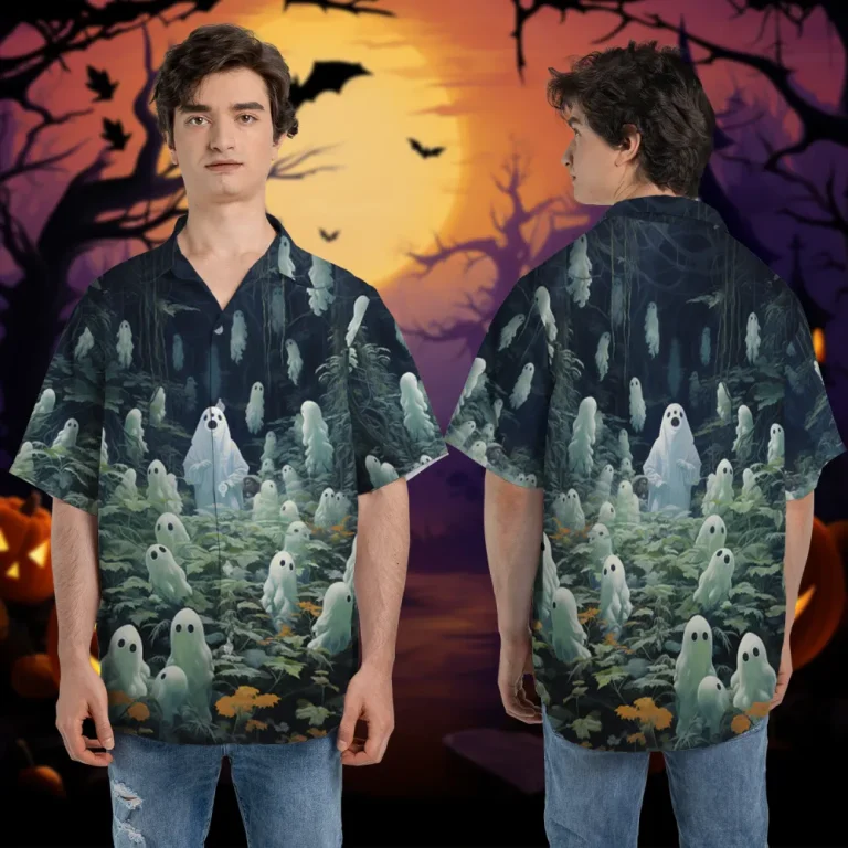 Ghost In The Forest Button Down Hawaiian Shirt, Ghost Halloween Shirt, Halloween Casual Printed Shirt, Short Sleeve Aloha Shirt, Gift For Halloween