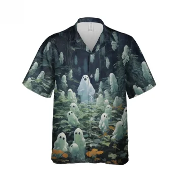 Ghost In The Forest Button Down Hawaiian Shirt, Ghost Halloween Shirt, Halloween Casual Printed Shirt, Short Sleeve Aloha Shirt, Gift For Halloween