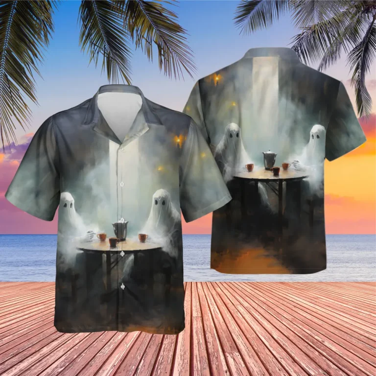 Ghost And Afternoon Tea Hawaiian Shirt For Men Women, Casual Button Down Short Sleeve Shirt,aloha Ghost Hawaiian Shirt, Halloween Shirt