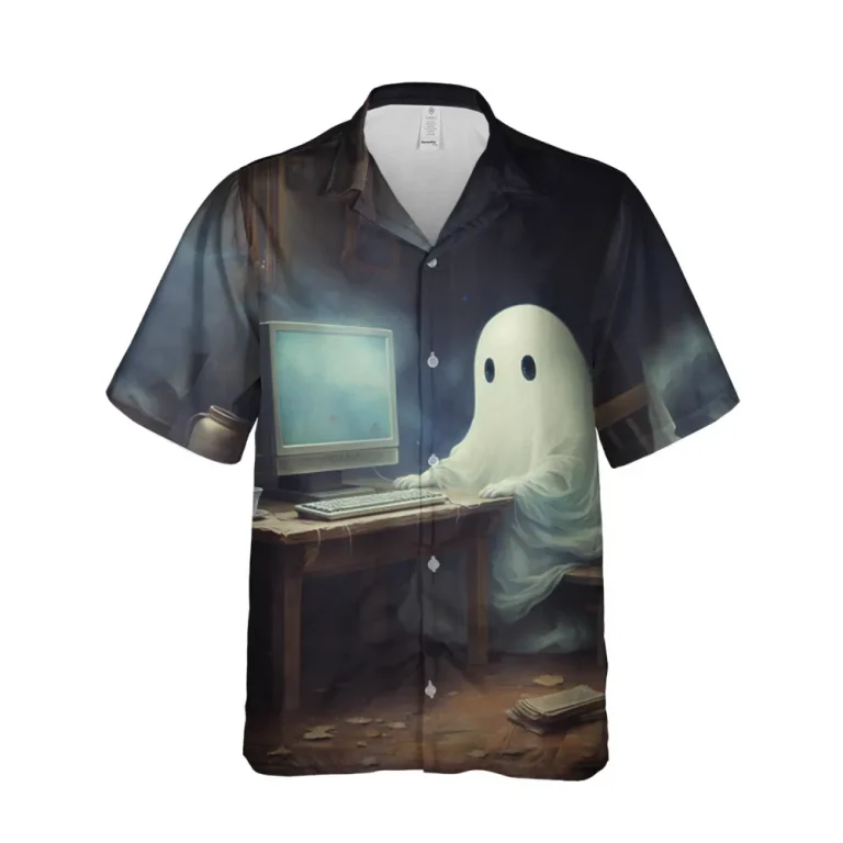 Halloween Ghost And Computer Hawaiian Shirt For Men Women, Funny Ghost Shirt, Halloween Shirt, Vintage Hawaii Beach Shirt, Halloween Aloha Shirt