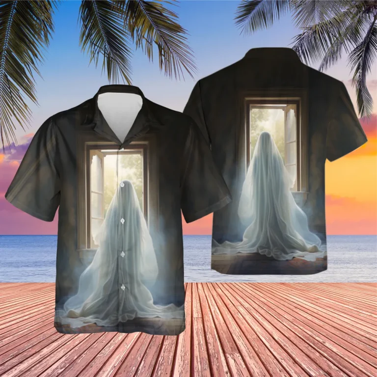 Ghost Looking Out Window Hawaiian Shirt, Ghost Button Down Shirt, Halloween Shirt, Short Sleeve Aloha Beach Shirt, Hawaiian Aloha Shirt