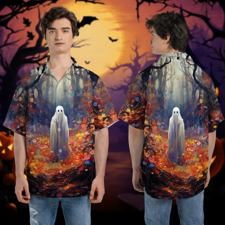 Ghost In Flower Forest Hawaiian Shirt For Men And Women, Vintage Ghost Shirt, Halloween Hawaiian Shirt, Button Down Printed Shirt, Halloween Gift