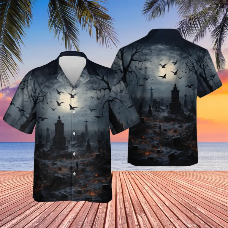 Halloween Graveyard Night Hawaiian Shirt, Haunted Graveyard Shirt, Halloween Cemetary Shirt, Halloween Shirt, Halloween Shirt, Button Down Shirt