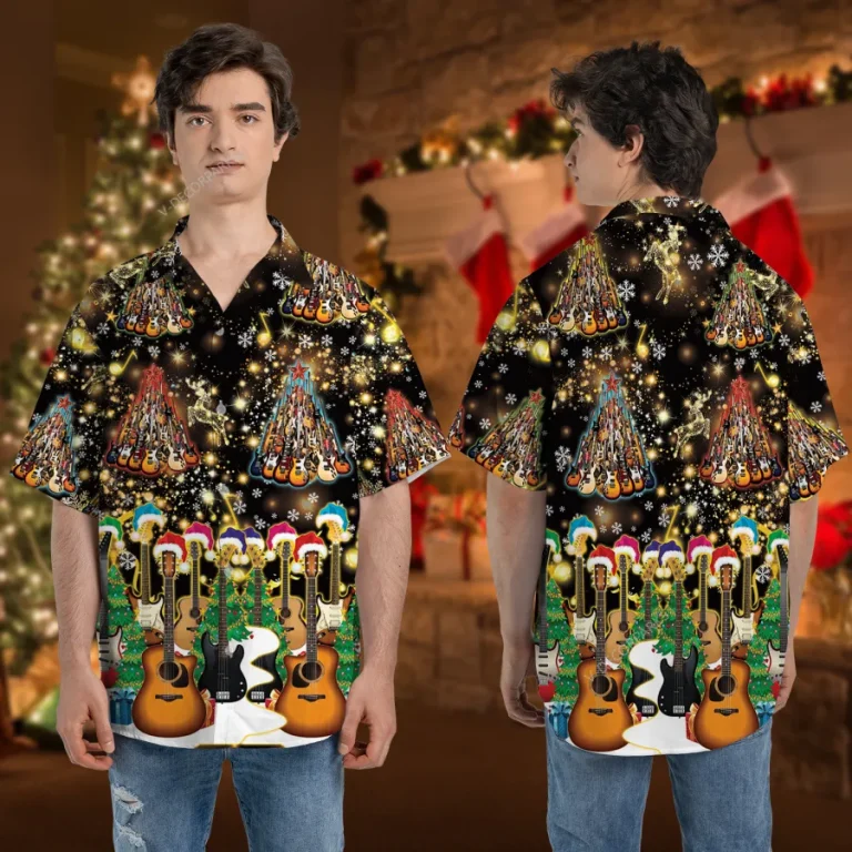 Acoustic Guitar Set Christmas Hawaiian Shirt, Musical Instruments Printed Shirt, Music Lover Aloha Button Down Shirt, Festival 3d Pattern Clothing