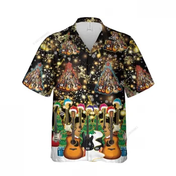 Acoustic Guitar Set Christmas Hawaiian Shirt, Musical Instruments Printed Shirt, Music Lover Aloha Button Down Shirt, Festival 3d Pattern Clothing