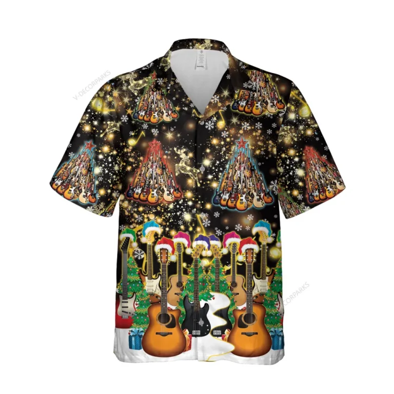 Acoustic Guitar Set Christmas Hawaiian Shirt, Musical Instruments Printed Shirt, Music Lover Aloha Button Down Shirt, Festival 3d Pattern Clothing