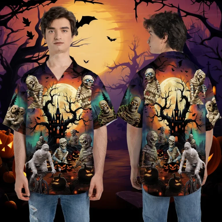 Halloween Ancient Mummy Unisex Hawaiian Shirts, Creepy Night 3d Printed Shirt, Moon Patterned Aloha Clothing, Horror Vibes Fashion