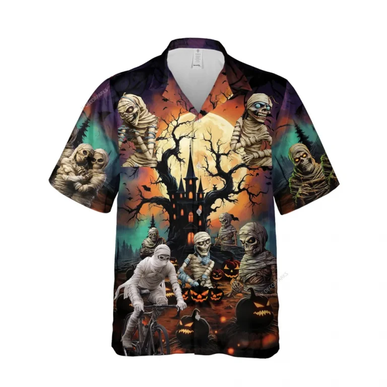 Halloween Ancient Mummy Unisex Hawaiian Shirts, Creepy Night 3d Printed Shirt, Moon Patterned Aloha Clothing, Horror Vibes Fashion