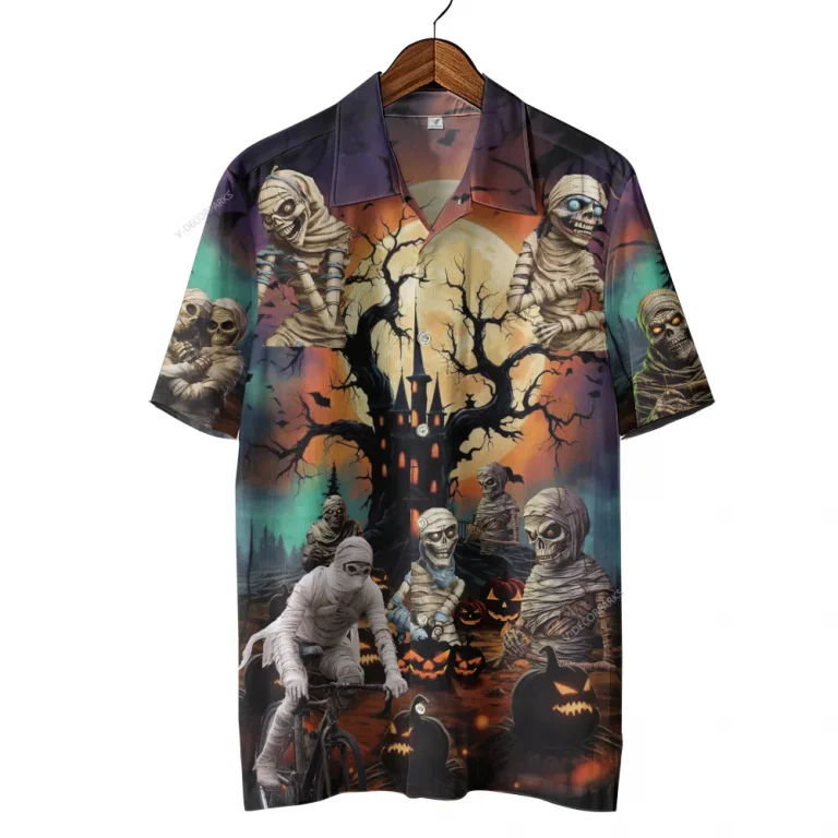 Halloween Ancient Mummy Unisex Hawaiian Shirts, Creepy Night 3d Printed Shirt, Moon Patterned Aloha Clothing, Horror Vibes Fashion