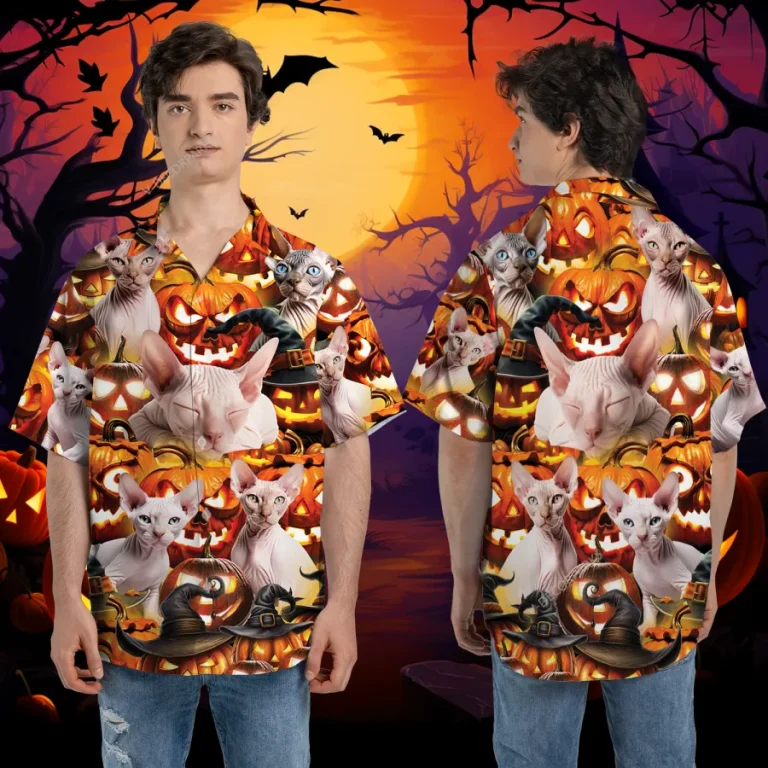 Funny Sphynx Cat Halloween Hawaiian Shirt, Spooky Pumpkin Pattern Clothing, Cat Lover Printed Aloha Button Down Shirt, Summer Vacation Shirt
