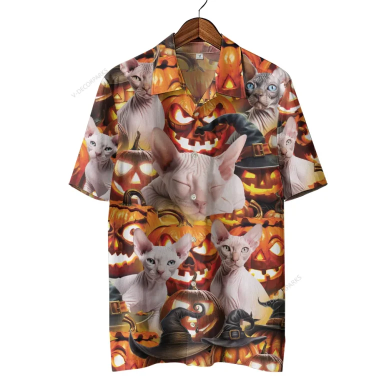 Funny Sphynx Cat Halloween Hawaiian Shirt, Spooky Pumpkin Pattern Clothing, Cat Lover Printed Aloha Button Down Shirt, Summer Vacation Shirt