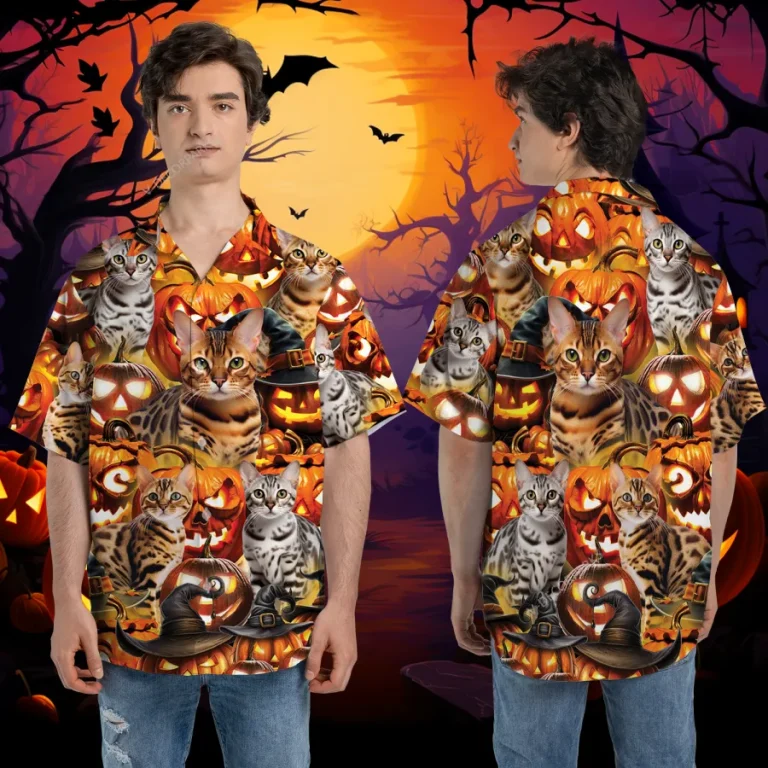 Royal Bengal Halloween Hawaiian Shirt, Animal Patterned Aloha Button Down Shirt, Spooky Pumpkin Lantern Printed Clothing, Summer Beach Top