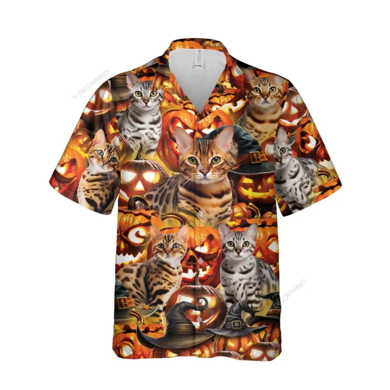 Royal Bengal Halloween Hawaiian Shirt, Animal Patterned Aloha Button Down Shirt, Spooky Pumpkin Lantern Printed Clothing, Summer Beach Top