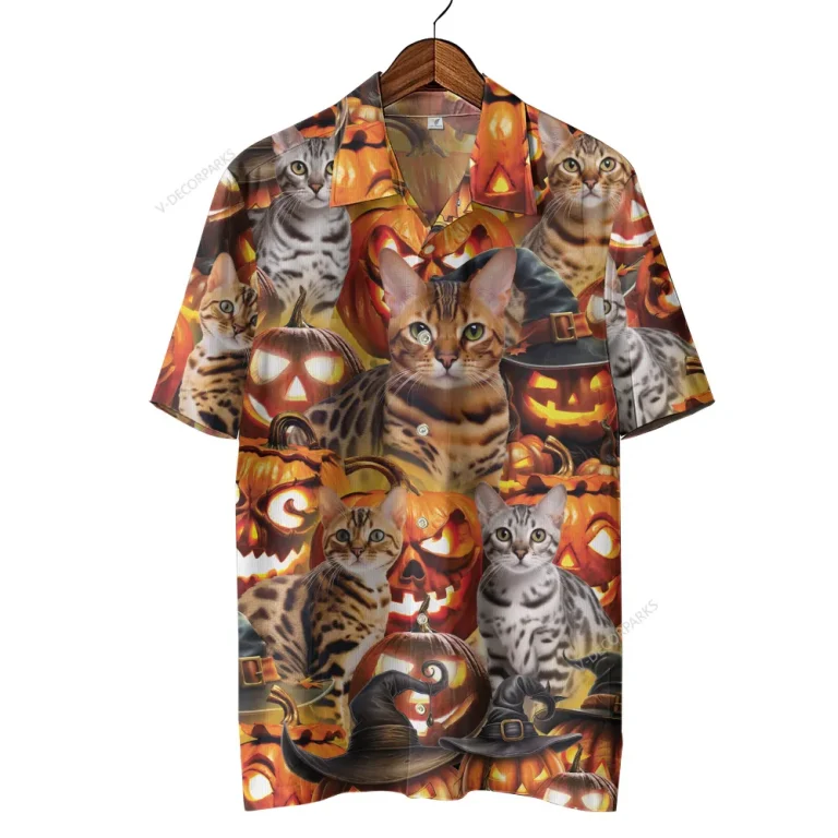 Royal Bengal Halloween Hawaiian Shirt, Animal Patterned Aloha Button Down Shirt, Spooky Pumpkin Lantern Printed Clothing, Summer Beach Top