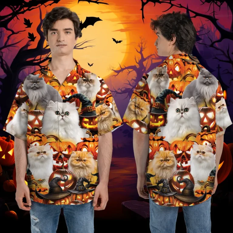 Beautiful Persian Cat Halloween Hawaiian Shirt, Spooky Patterned Aloha Button Down Shirt, Pumpkin Witch Printed Clothing, Summer Beach Top