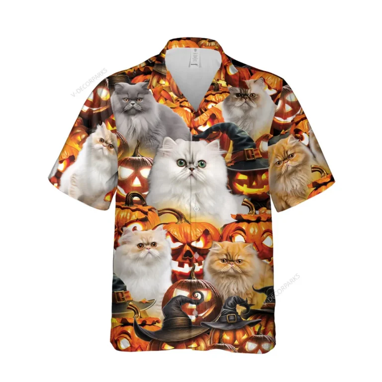 Beautiful Persian Cat Halloween Hawaiian Shirt, Spooky Patterned Aloha Button Down Shirt, Pumpkin Witch Printed Clothing, Summer Beach Top