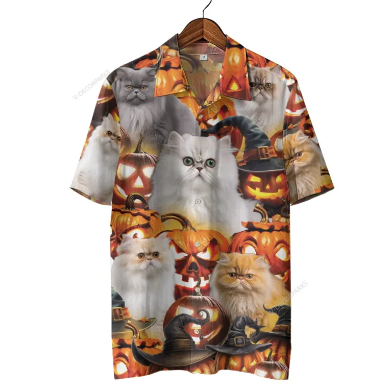 Beautiful Persian Cat Halloween Hawaiian Shirt, Spooky Patterned Aloha Button Down Shirt, Pumpkin Witch Printed Clothing, Summer Beach Top