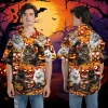 Cute Maine Coon Cat Halloween Hawaiian Shirt, Kitten Lover Printed Aloha Button Down Shirt, Spooky Witch Hat Pattern Clothing, Wild Animal Pattern