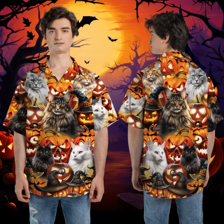 Cute Maine Coon Cat Halloween Hawaiian Shirt, Kitten Lover Printed Aloha Button Down Shirt, Spooky Witch Hat Pattern Clothing, Wild Animal Pattern