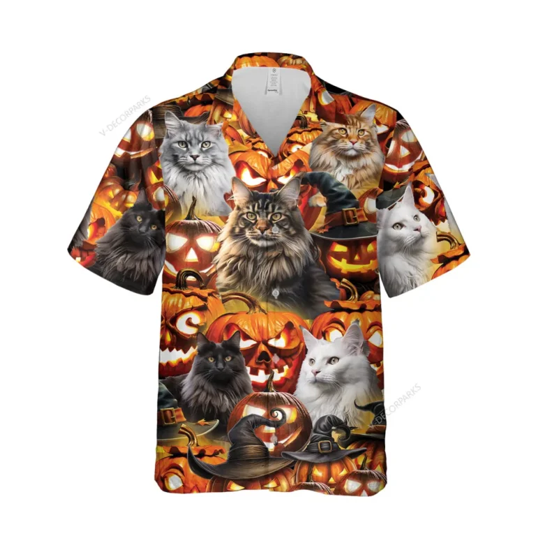 Cute Maine Coon Cat Halloween Hawaiian Shirt, Kitten Lover Printed Aloha Button Down Shirt, Spooky Witch Hat Pattern Clothing, Wild Animal Pattern