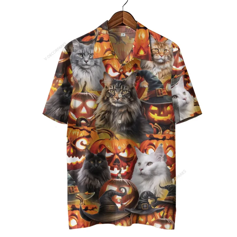 Cute Maine Coon Cat Halloween Hawaiian Shirt, Kitten Lover Printed Aloha Button Down Shirt, Spooky Witch Hat Pattern Clothing, Wild Animal Pattern