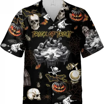 Zombies And Skull Trick Or Treat Hawaiian Shirts For Men Women, Halloween Button Down Shirts, Halloween Shirt, Hawaiian Style Shirts