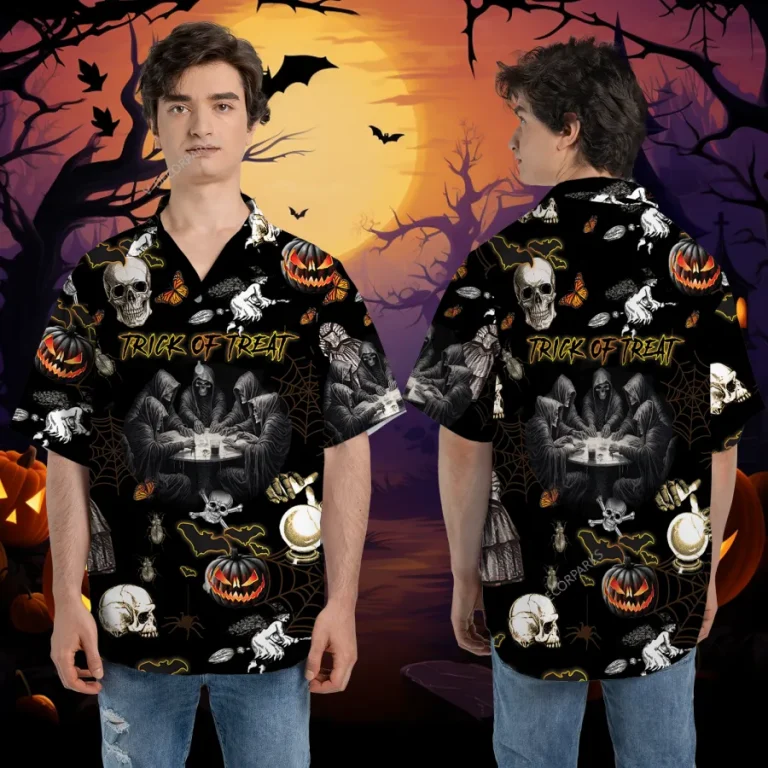 Deadly Skeleton Ritual Unisex Hawaiian Shirts, Trick-or-treat Game Pattern Shirt, Horror Crystal Ball Pumpkin Aloha Shirt, Spider Web Printed Top