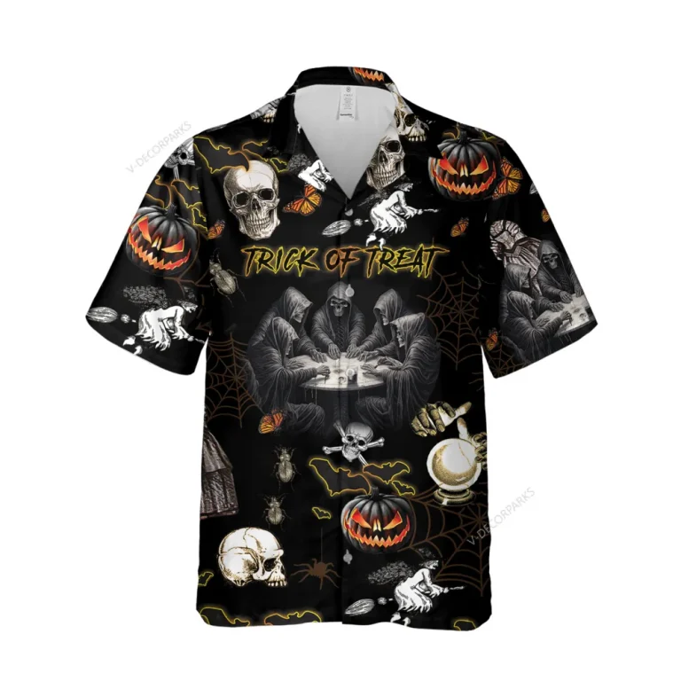 Deadly Skeleton Ritual Unisex Hawaiian Shirts, Trick-or-treat Game Pattern Shirt, Horror Crystal Ball Pumpkin Aloha Shirt, Spider Web Printed Top