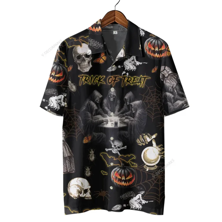 Deadly Skeleton Ritual Unisex Hawaiian Shirts, Trick-or-treat Game Pattern Shirt, Horror Crystal Ball Pumpkin Aloha Shirt, Spider Web Printed Top
