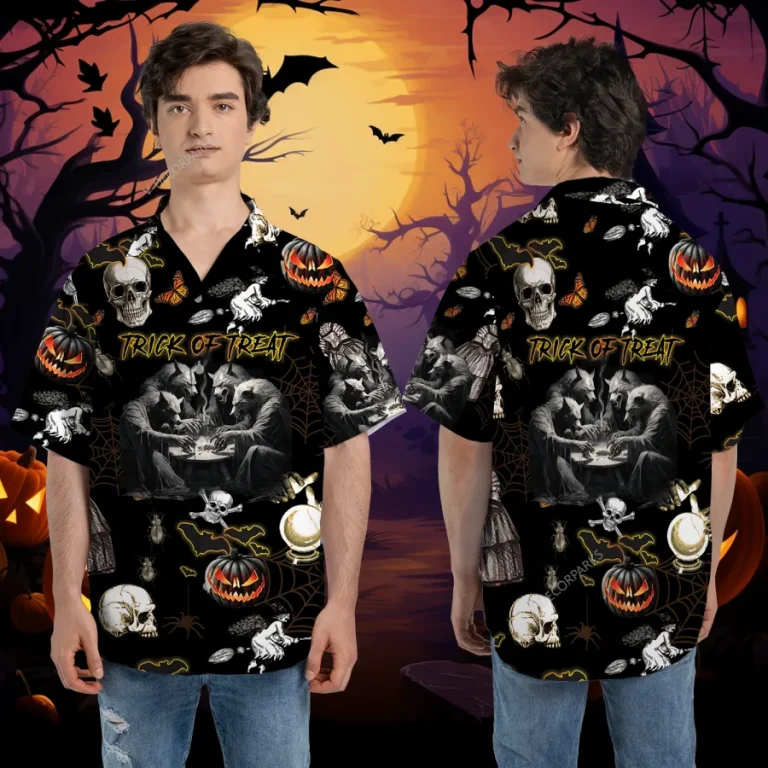 Werewolf Witch Ritual Unisex Hawaiian Shirts, Trick-or-treat Game Pattern Shirt, Horror Crystal Ball Pumpkin Aloha Shirt, Spider Web Printed Top