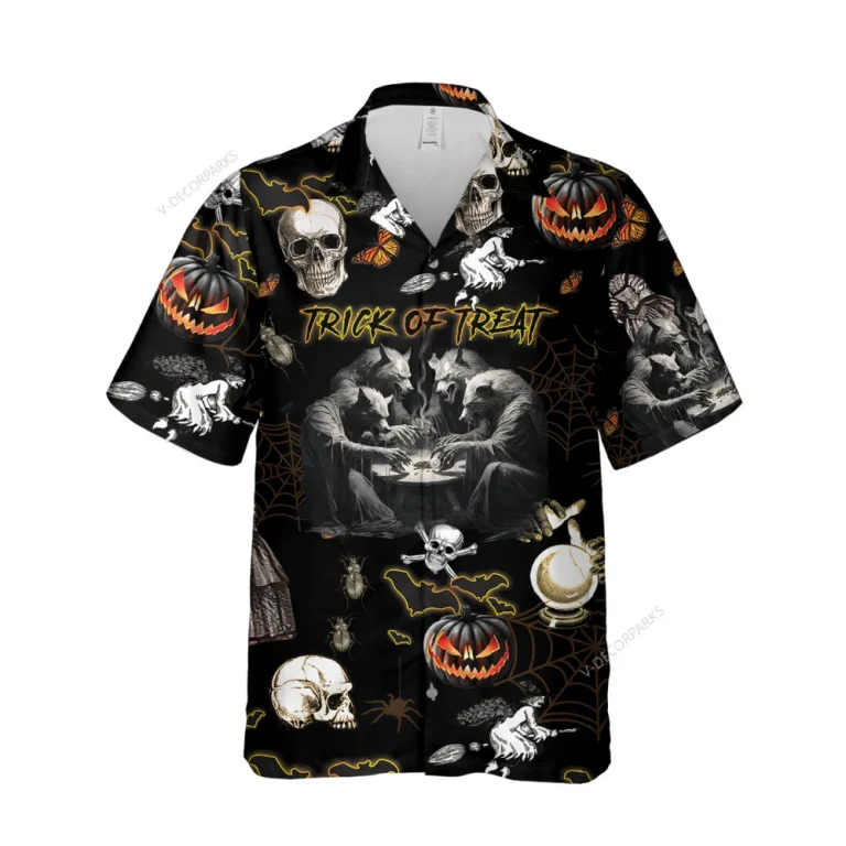 Werewolf Witch Ritual Unisex Hawaiian Shirts, Trick-or-treat Game Pattern Shirt, Horror Crystal Ball Pumpkin Aloha Shirt, Spider Web Printed Top