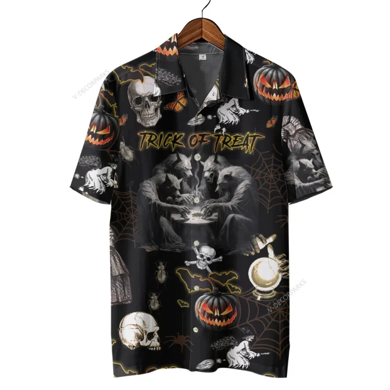 Werewolf Witch Ritual Unisex Hawaiian Shirts, Trick-or-treat Game Pattern Shirt, Horror Crystal Ball Pumpkin Aloha Shirt, Spider Web Printed Top
