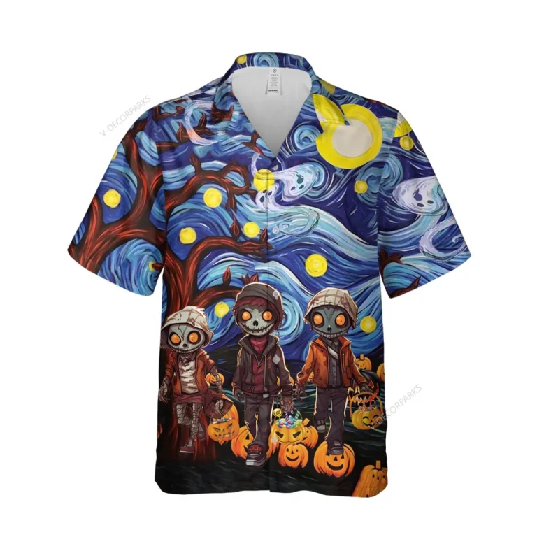 Halloween Haunted Scarecrow Unisex Hawaiian Shirts, Spooky Night Painting Pattern Shirt, Scary Tree Aloha Shirt, Horror Lover Gift