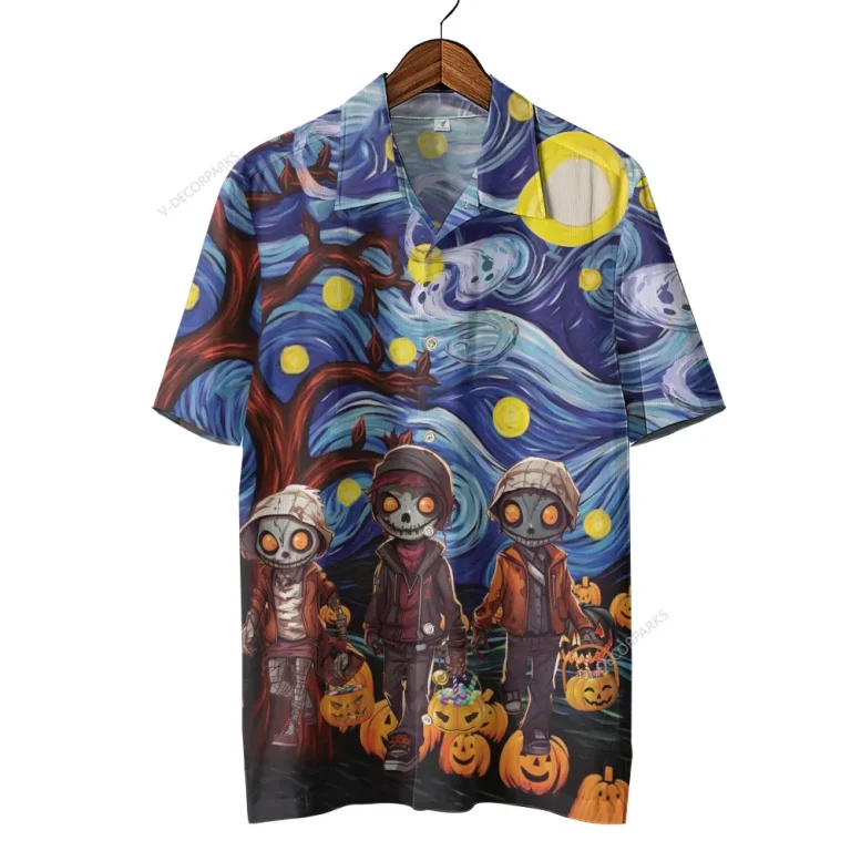 Halloween Haunted Scarecrow Unisex Hawaiian Shirts, Spooky Night Painting Pattern Shirt, Scary Tree Aloha Shirt, Horror Lover Gift
