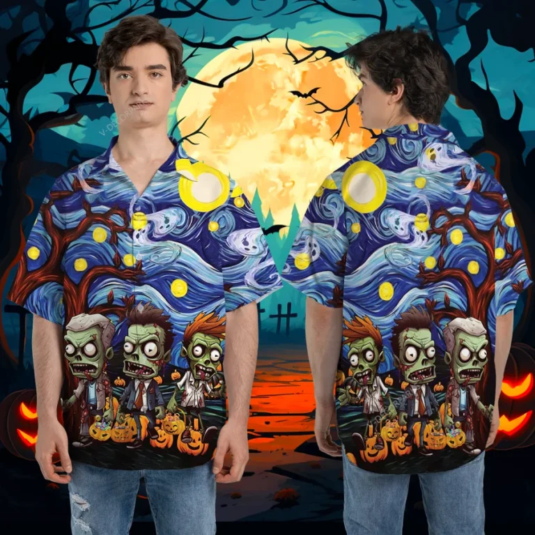 Halloween Horror Zombies Unisex Hawaiian Shirts, Van Gogh Artpiece Pattern Shirt, Spooky Night Aloha Shirt, Pumpkin Lover Gift