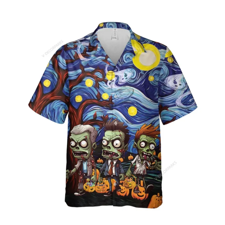 Halloween Horror Zombies Unisex Hawaiian Shirts, Van Gogh Artpiece Pattern Shirt, Spooky Night Aloha Shirt, Pumpkin Lover Gift